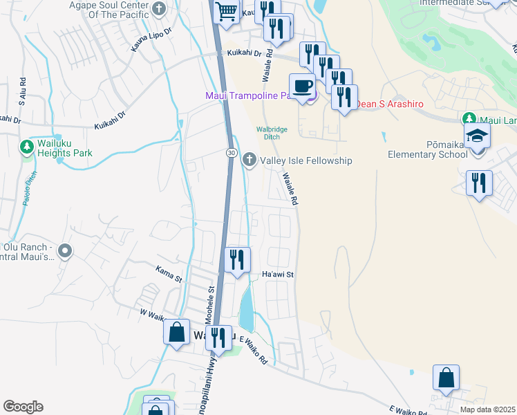 map of restaurants, bars, coffee shops, grocery stores, and more near 101 East Kanamele Loop in Wailuku