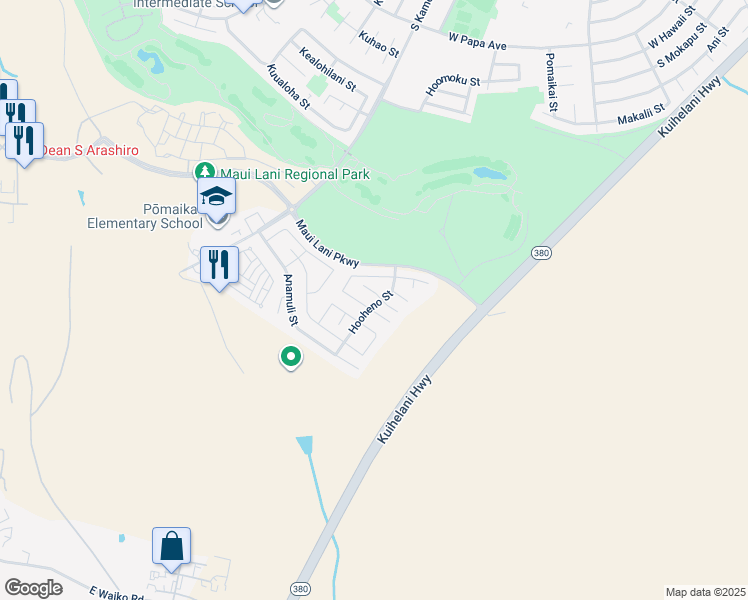 map of restaurants, bars, coffee shops, grocery stores, and more near 5 West Makahehi Loop in Kahului