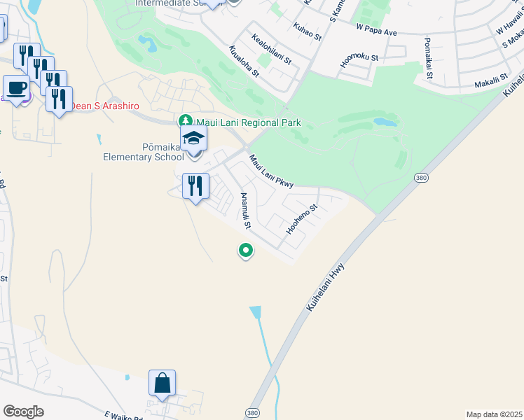 map of restaurants, bars, coffee shops, grocery stores, and more near 119 Hoku Puhipaka Street in Kahului