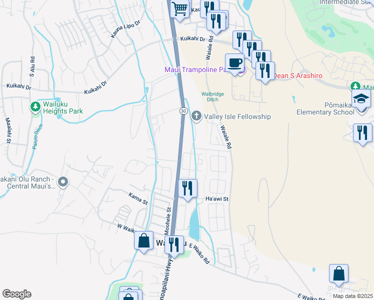 map of restaurants, bars, coffee shops, grocery stores, and more near 71 West Kanamele Loop in Wailuku