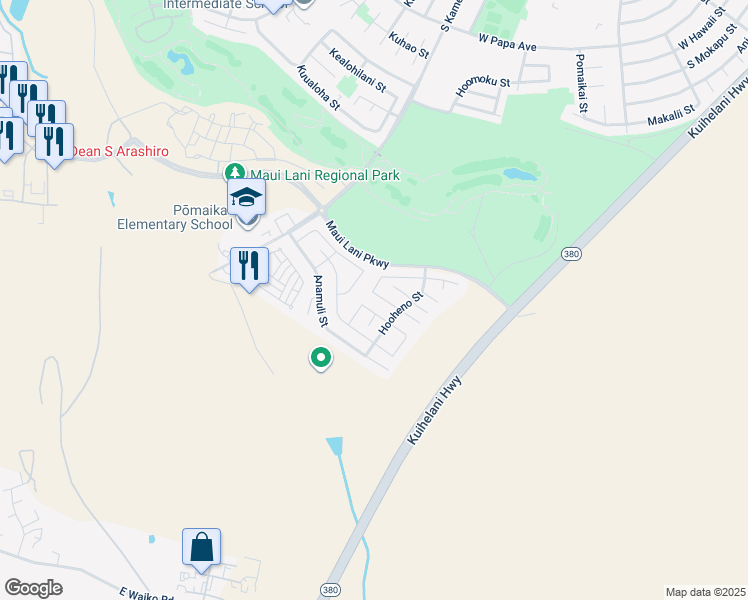 map of restaurants, bars, coffee shops, grocery stores, and more near 102 Papahi Loop in Kahului