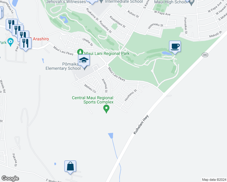 map of restaurants, bars, coffee shops, grocery stores, and more near 119 Hoku Puhipaka Street in Kahului
