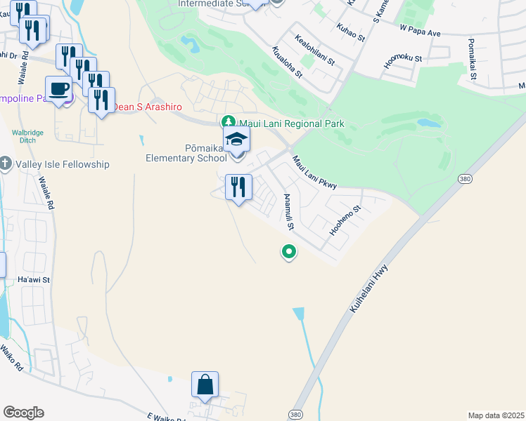 map of restaurants, bars, coffee shops, grocery stores, and more near 124 Meheu Circle in Kahului