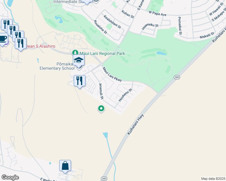 map of restaurants, bars, coffee shops, grocery stores, and more near 31 Molehulehu Loop in Kahului