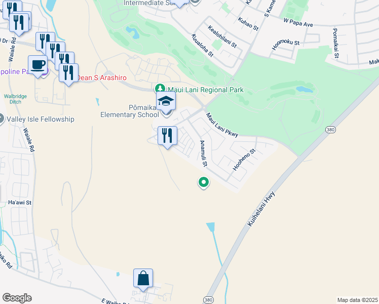 map of restaurants, bars, coffee shops, grocery stores, and more near 102 Meheu Circle in Kahului