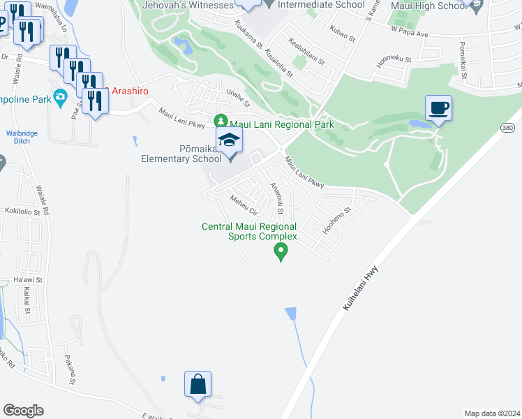 map of restaurants, bars, coffee shops, grocery stores, and more near 102 Meheu Circle in Kahului
