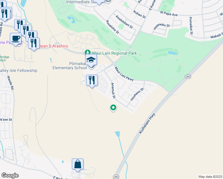 map of restaurants, bars, coffee shops, grocery stores, and more near 100 Kapela Place in Kahului