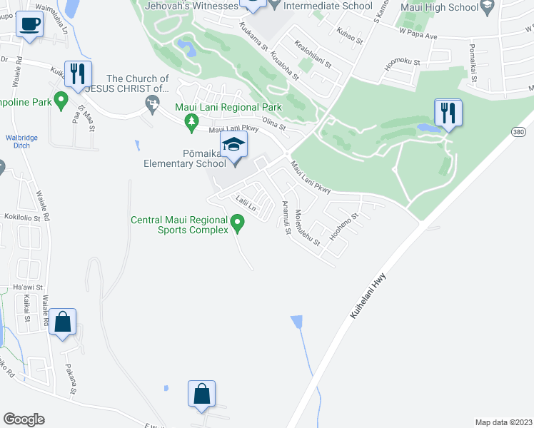 map of restaurants, bars, coffee shops, grocery stores, and more near 100 Meheu Circle in Kahului
