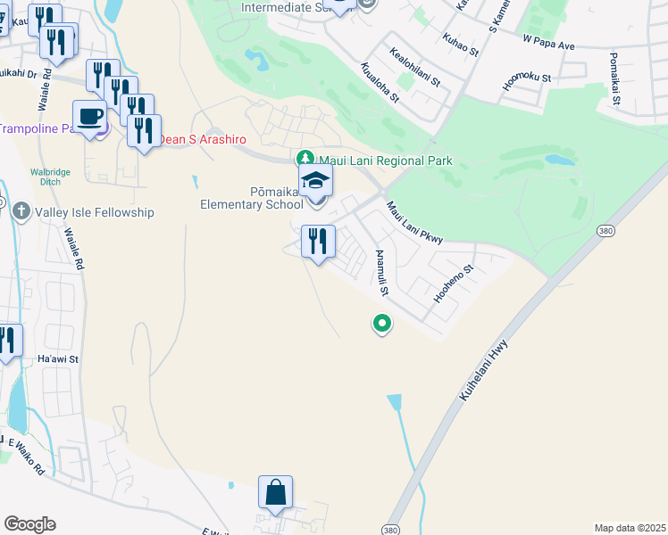 map of restaurants, bars, coffee shops, grocery stores, and more near 135 Meheu Circle in Kahului