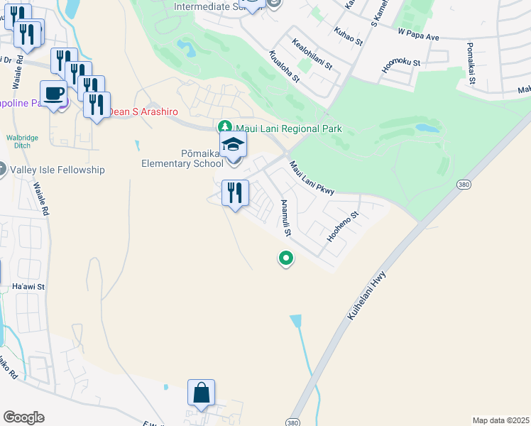 map of restaurants, bars, coffee shops, grocery stores, and more near 100 Meheu Circle in Kahului