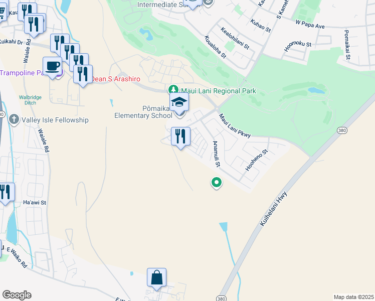 map of restaurants, bars, coffee shops, grocery stores, and more near 19 Meheu Circle in Kahului