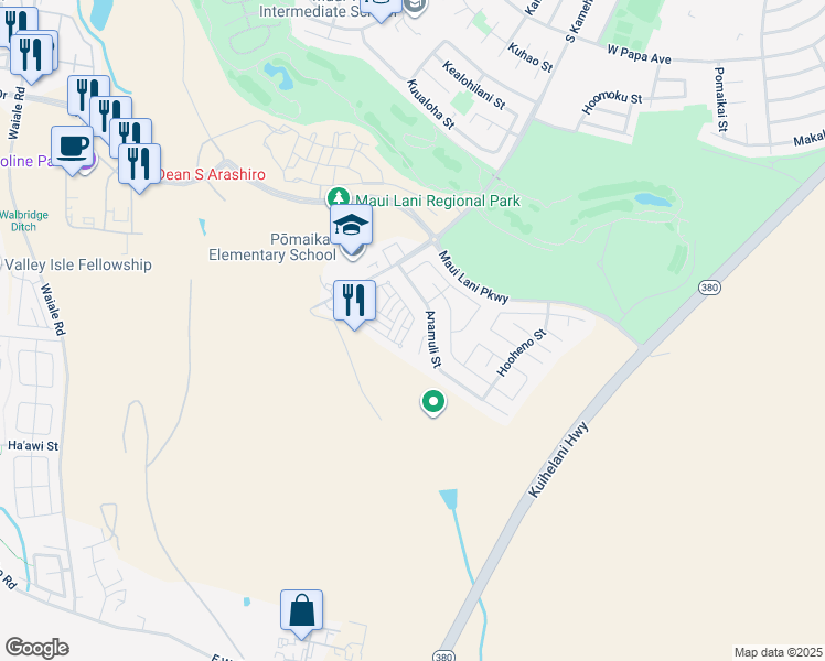 map of restaurants, bars, coffee shops, grocery stores, and more near 93 Meheu Circle in Kahului