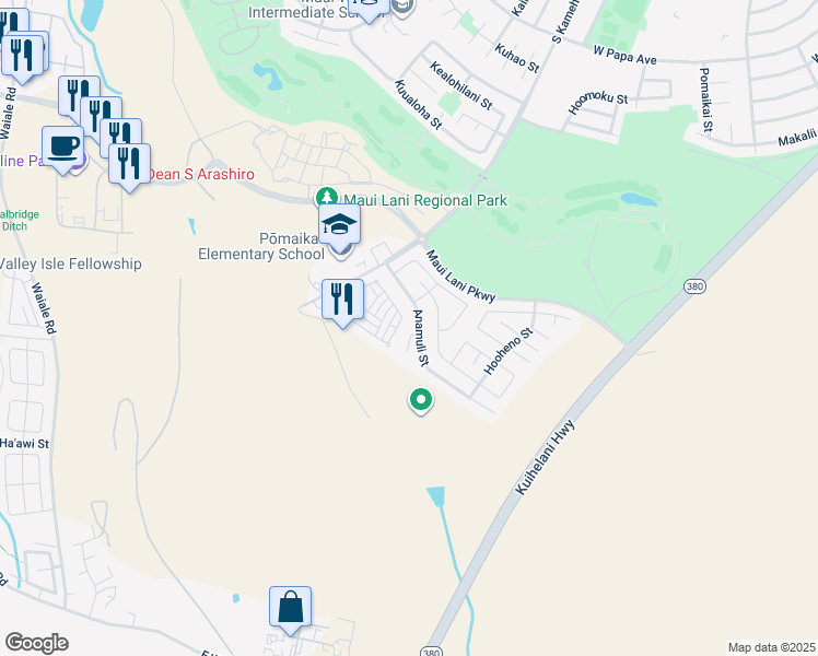 map of restaurants, bars, coffee shops, grocery stores, and more near 100 Kapela Place in Kahului