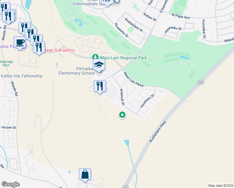 map of restaurants, bars, coffee shops, grocery stores, and more near 95 Meheu Circle in Kahului