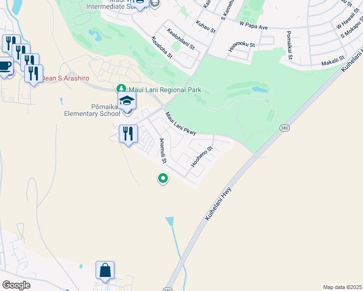 map of restaurants, bars, coffee shops, grocery stores, and more near 97 Hoku Puhipaka Street in Kahului