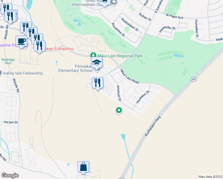 map of restaurants, bars, coffee shops, grocery stores, and more near 94 Meheu Circle in Kahului