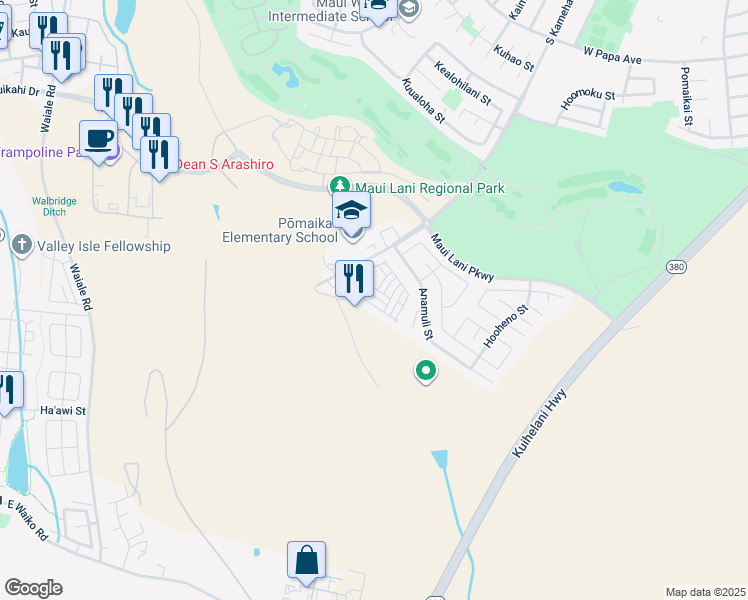 map of restaurants, bars, coffee shops, grocery stores, and more near 136 Meheu Circle in Kahului