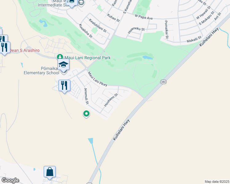 map of restaurants, bars, coffee shops, grocery stores, and more near 44 Hooheno Street in Kahului