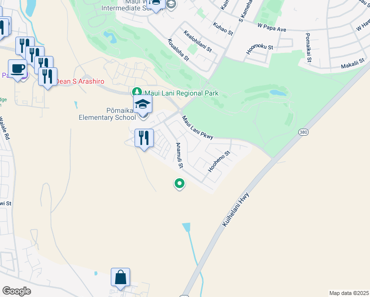 map of restaurants, bars, coffee shops, grocery stores, and more near 235 Molehulehu Street in Kahului