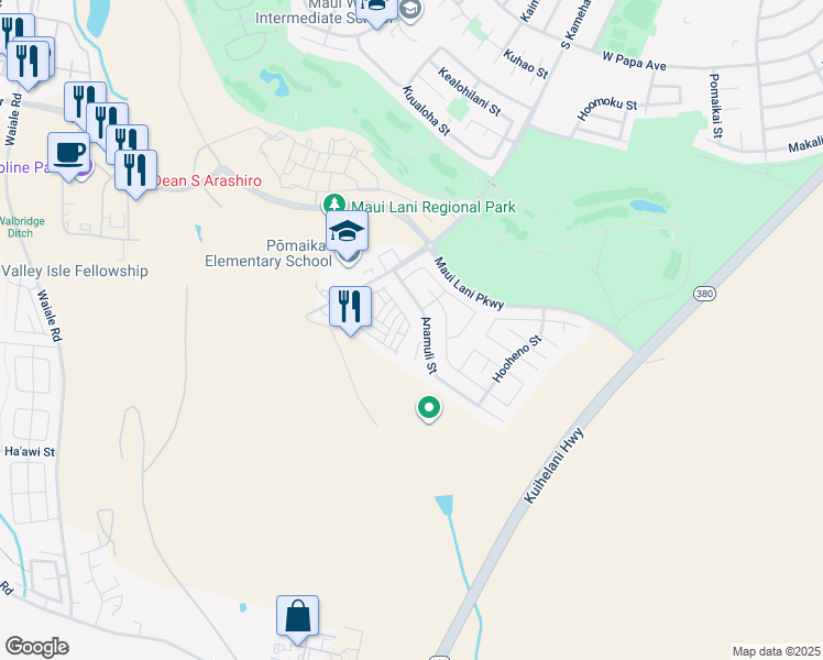 map of restaurants, bars, coffee shops, grocery stores, and more near 91 Meheu Circle in Kahului