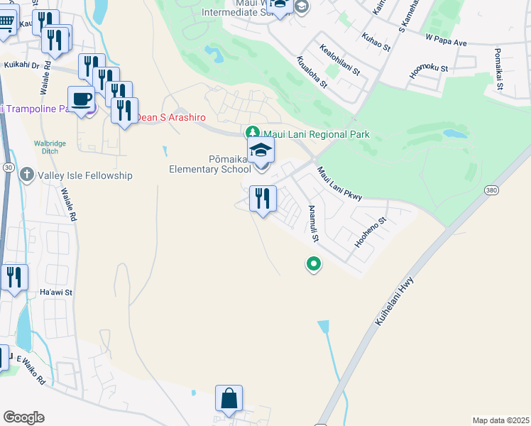 map of restaurants, bars, coffee shops, grocery stores, and more near 147 Meheu Circle in Kahului