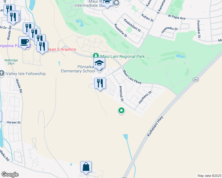 map of restaurants, bars, coffee shops, grocery stores, and more near 361 Uluna Street in Kahului