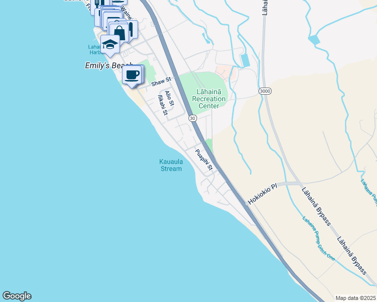 map of restaurants, bars, coffee shops, grocery stores, and more near 10 Aholo Road in Lahaina