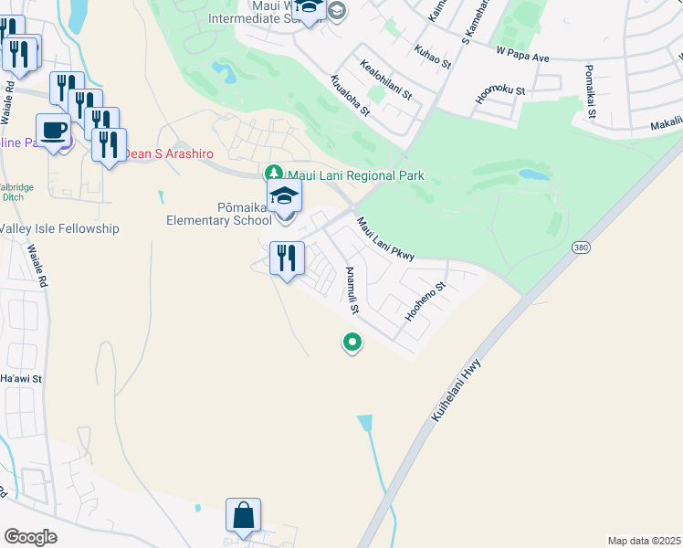 map of restaurants, bars, coffee shops, grocery stores, and more near 85 Meheu Circle in Kahului