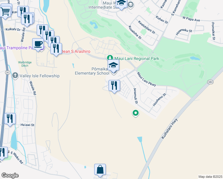 map of restaurants, bars, coffee shops, grocery stores, and more near 157 Meheu Circle in Kahului