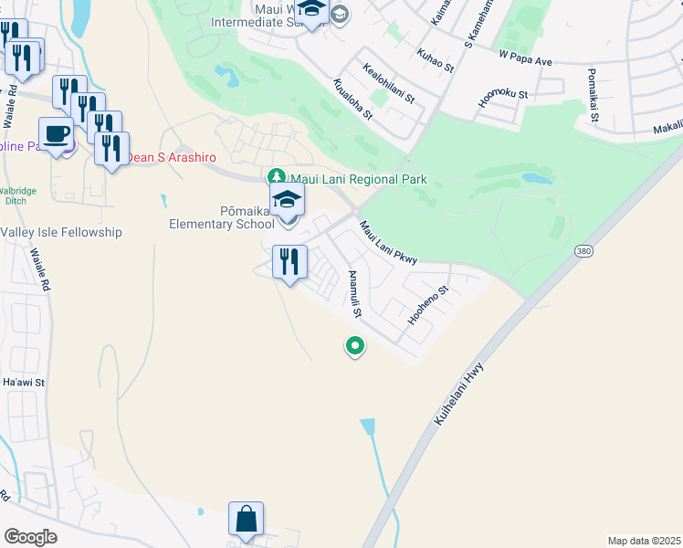 map of restaurants, bars, coffee shops, grocery stores, and more near 85 Meheu Circle in Kahului
