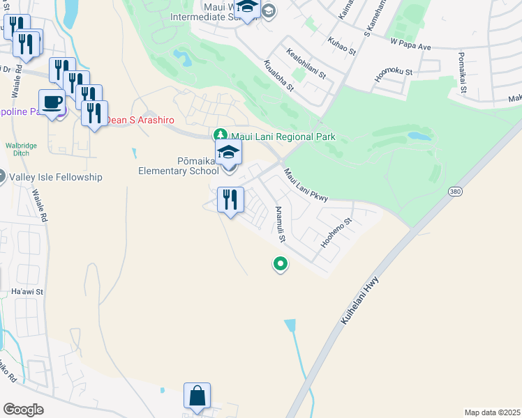 map of restaurants, bars, coffee shops, grocery stores, and more near 353 Uluna Street in Kahului