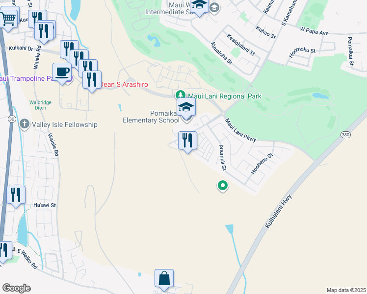 map of restaurants, bars, coffee shops, grocery stores, and more near 157 Meheu Circle in Kahului
