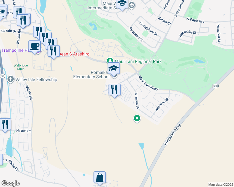 map of restaurants, bars, coffee shops, grocery stores, and more near 136 Meheu Circle in Kahului