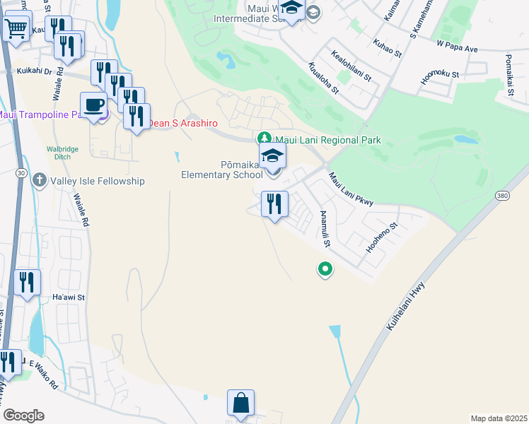 map of restaurants, bars, coffee shops, grocery stores, and more near 16 Meheu Circle in Kahului