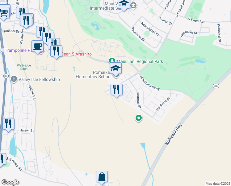 map of restaurants, bars, coffee shops, grocery stores, and more near 63 Meheu Circle in Kahului