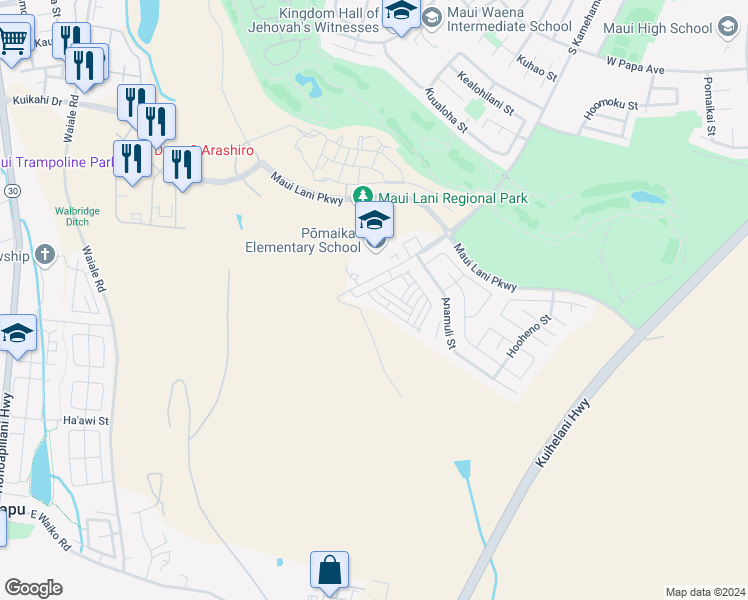 map of restaurants, bars, coffee shops, grocery stores, and more near Meheu Circle in Kahului