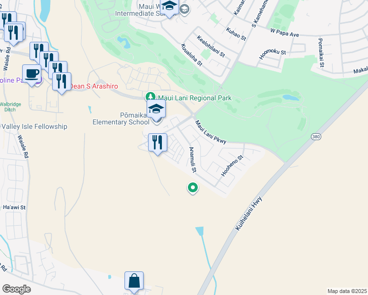 map of restaurants, bars, coffee shops, grocery stores, and more near 83 Meheu Circle in Kahului