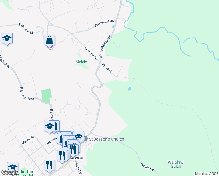 map of restaurants, bars, coffee shops, grocery stores, and more near Piiholo Road in Maui County