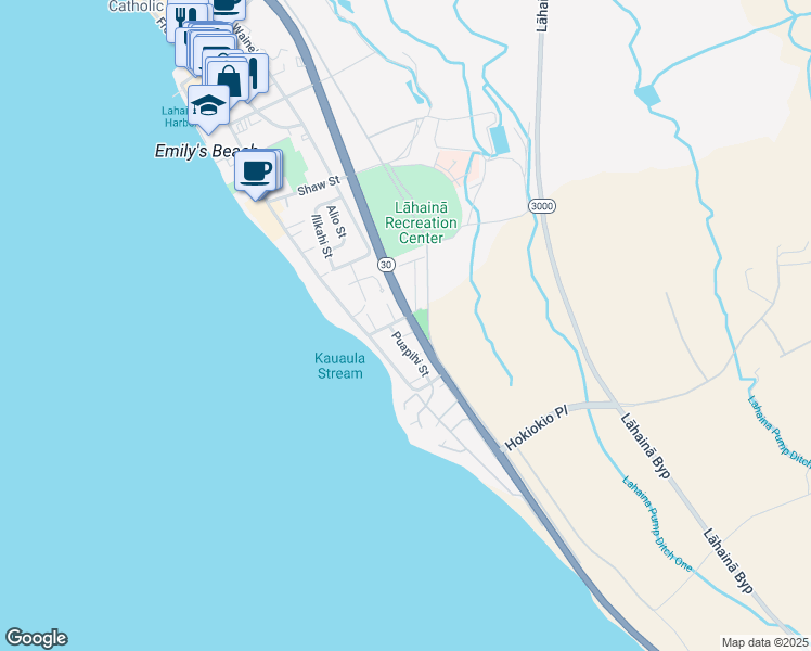 map of restaurants, bars, coffee shops, grocery stores, and more near 58 Aholo Road in Lahaina