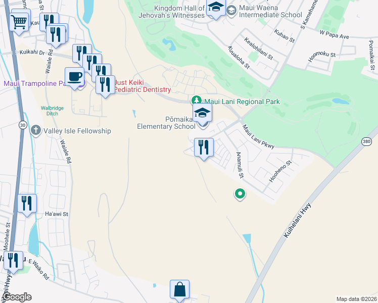 map of restaurants, bars, coffee shops, grocery stores, and more near 10 Meheu Circle in Kahului