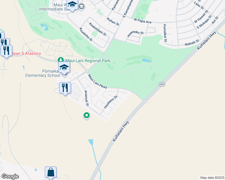 map of restaurants, bars, coffee shops, grocery stores, and more near 20 Papahi Loop in Kahului