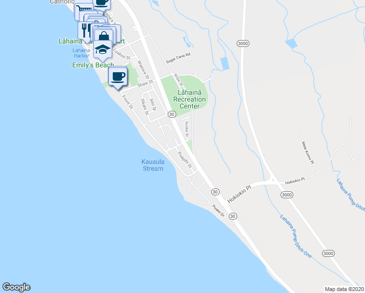 map of restaurants, bars, coffee shops, grocery stores, and more near 58 Aholo Road in Lahaina