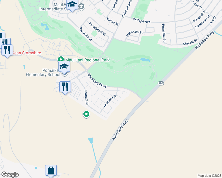 map of restaurants, bars, coffee shops, grocery stores, and more near 28 Papahi Loop in Kahului