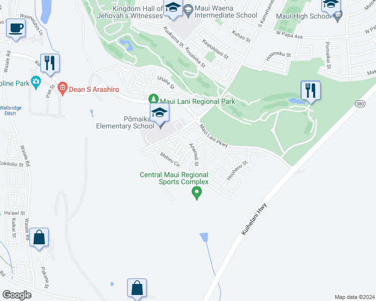 map of restaurants, bars, coffee shops, grocery stores, and more near 81 Meheu Circle in Kahului