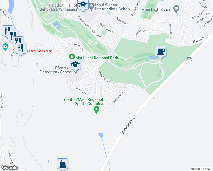map of restaurants, bars, coffee shops, grocery stores, and more near 74 Hoku Puhipaka Street in Kahului