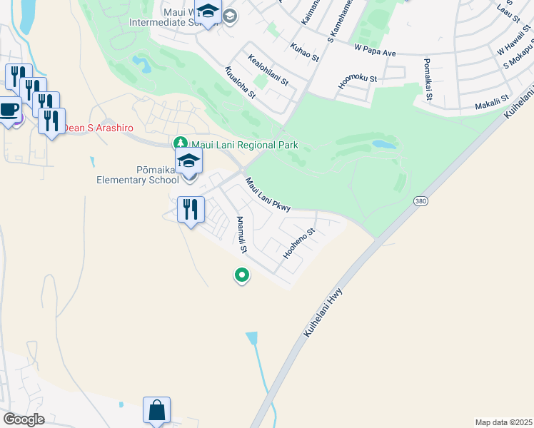map of restaurants, bars, coffee shops, grocery stores, and more near 74 Hoku Puhipaka Street in Kahului