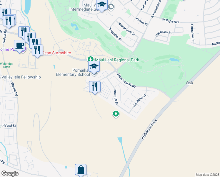map of restaurants, bars, coffee shops, grocery stores, and more near 79 Meheu Circle in Kahului