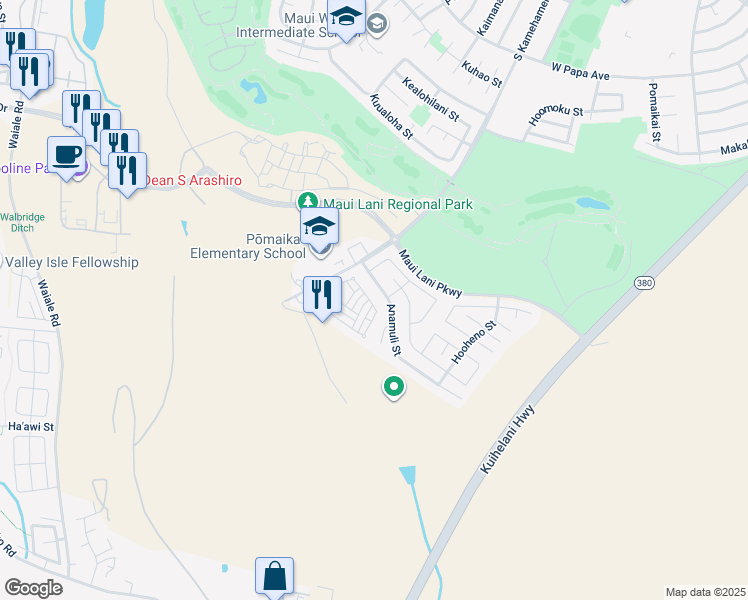 map of restaurants, bars, coffee shops, grocery stores, and more near 79 Meheu Circle in Kahului