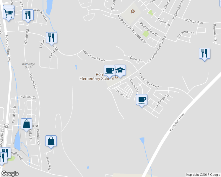 map of restaurants, bars, coffee shops, grocery stores, and more near 15 Meheu Circle in Kahului