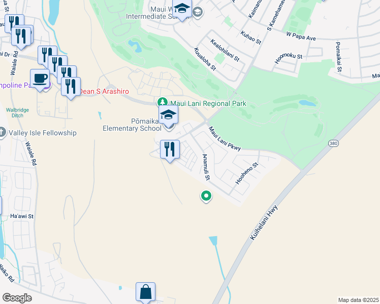 map of restaurants, bars, coffee shops, grocery stores, and more near 352 Uluna Street in Kahului